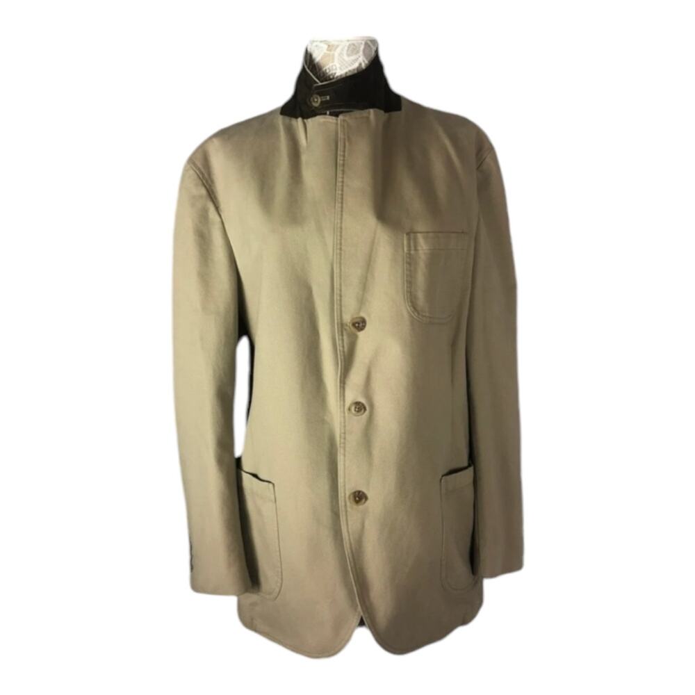 Barn coat stand collar patch elbow Khaki Lands' End 100% cotton 44 R